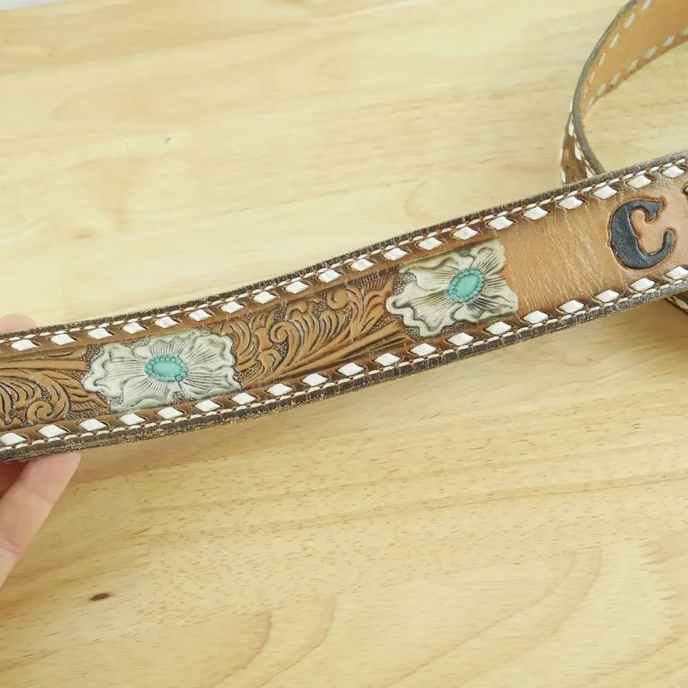 Vintage Tony Lama Western Belt‎ Tooled Leather CRITT Painted Cowboy Size 30 USA